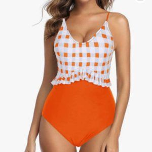 Women's Ruffle Orange & White Plaid Monokini Bathing Suit M